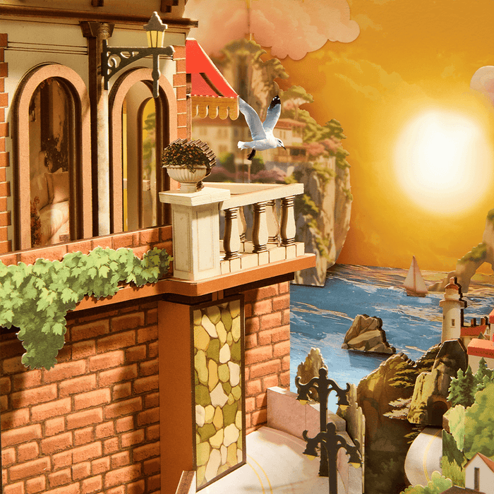 Book Nook Sunset Isle, Bausatz mit Küstenstadt und zwei Lichtstimmungen