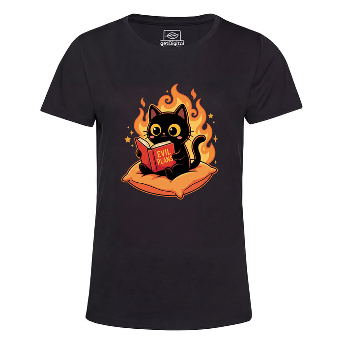 Black Cat Reading "Evil Plans" - Evil Plans with Style - Main View Girlie Black