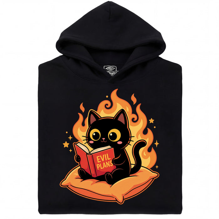 Black Cat Reading "Evil Plans" - Evil Plans with Style - Main View Hoodie Black