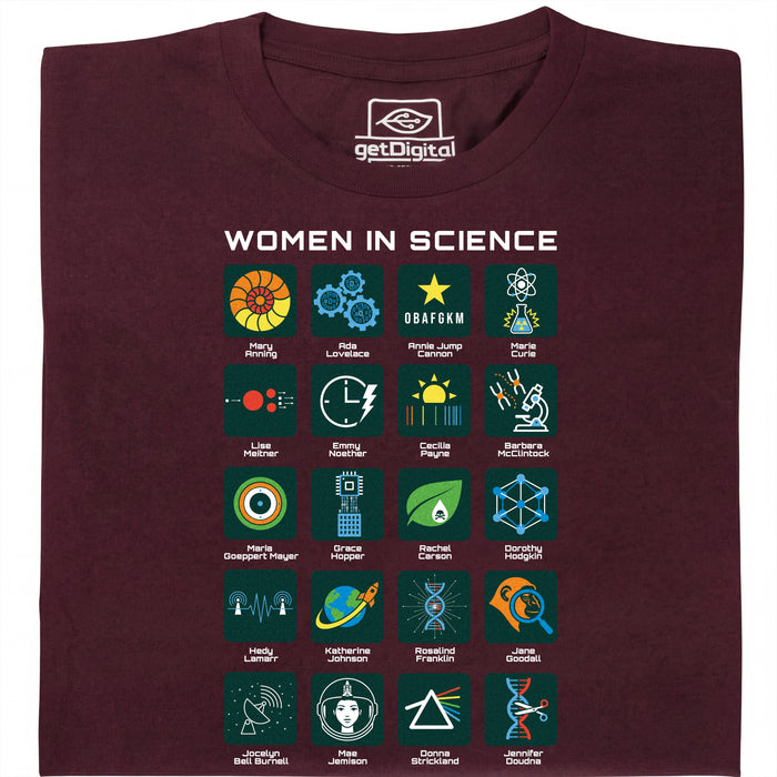 Women in Science - 20 Pioneras de la Ciencia - Vista principal Camiseta Rojo Oscuro