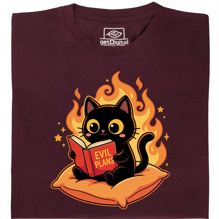 Black Cat Reading "Evil Plans" - Evil Plans with Style - Main View T-Shirt Dark Red