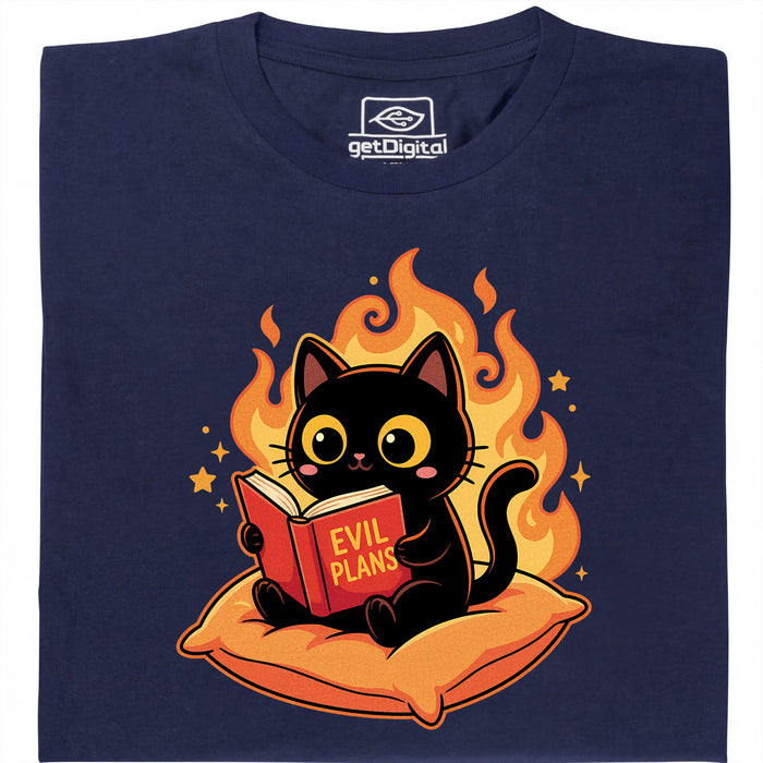 Black Cat Reading "Evil Plans" - Evil Plans with Style - Main View T-Shirt Navy Blue