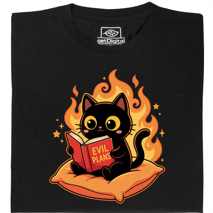 Black Cat Reading "Evil Plans" - Evil Plans with Style - Main View T-Shirt Black