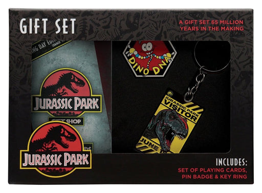 Confezione regalo Jurassic Park con carte da gioco, spilla e portachiavi