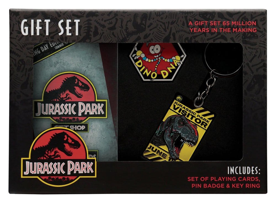 Confezione regalo Jurassic Park con carte da gioco, spilla e portachiavi