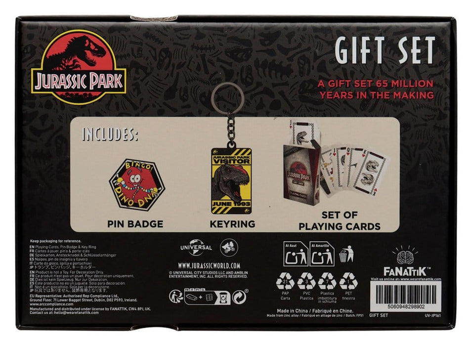 Confezione regalo Jurassic Park con carte da gioco, spilla e portachiavi