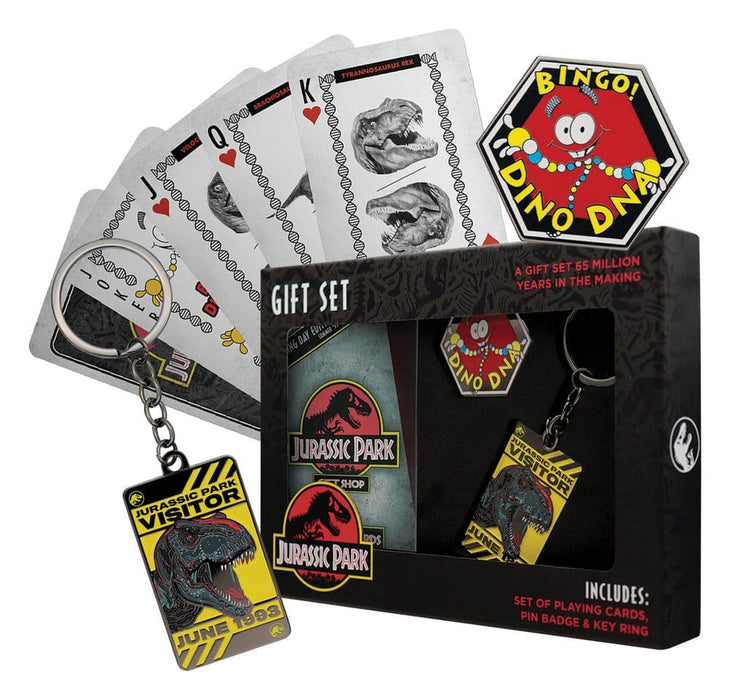 Confezione regalo Jurassic Park con carte da gioco, spilla e portachiavi